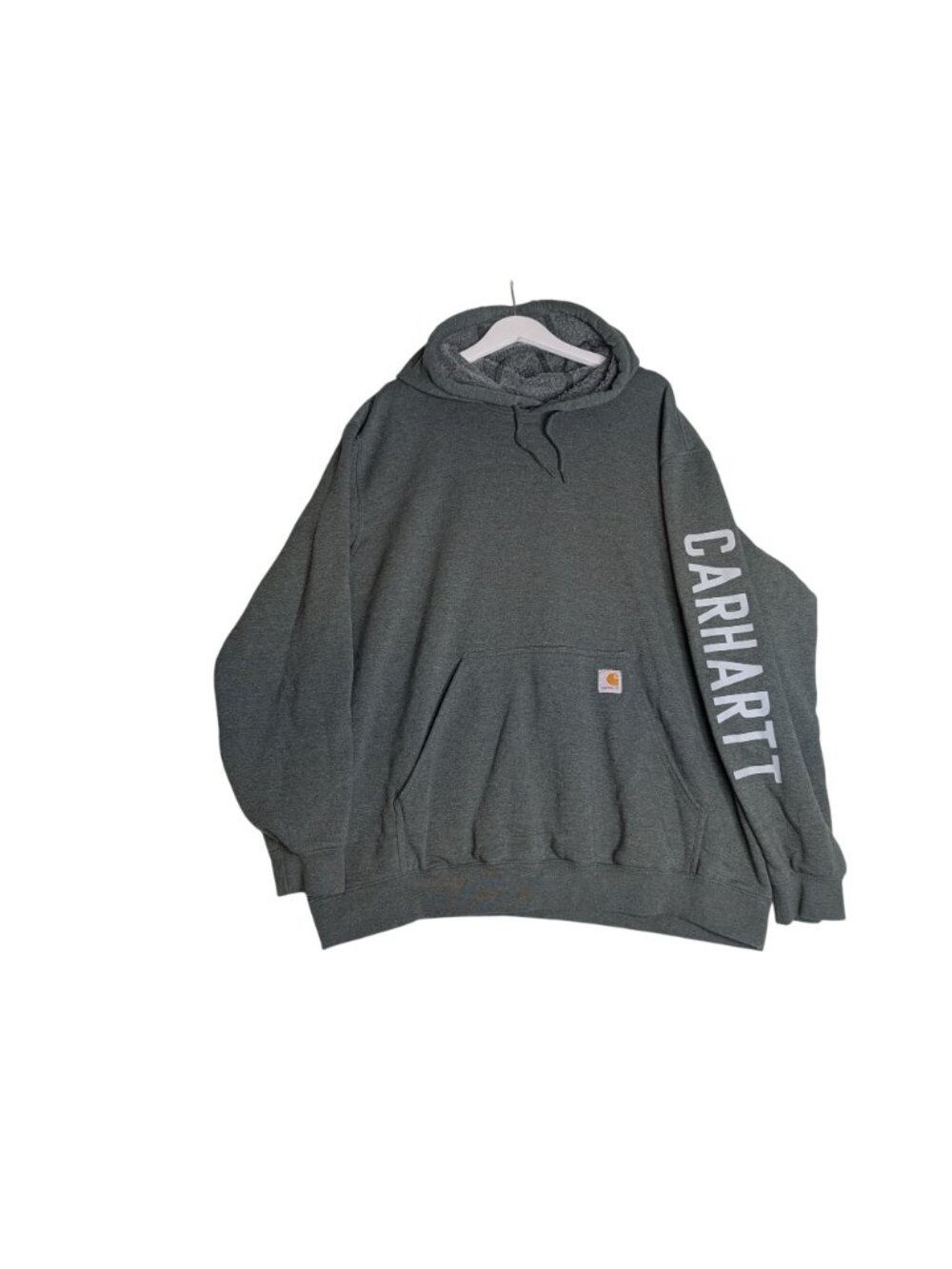 Carhartt Mens Heather Gray Loose Fit Logo Hoodie 2XL With Sleeve Spellout - Picture 2 of 10